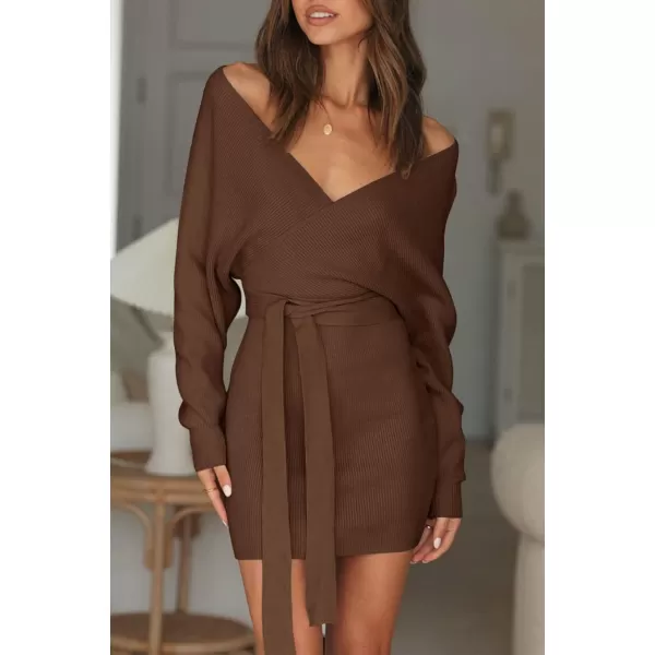 ZESICA Womens 2024 Fall Long Batwing Sleeve Wrap V Neck Knitted Backless Bodycon Pullover Sweater Dress with BeltBrown