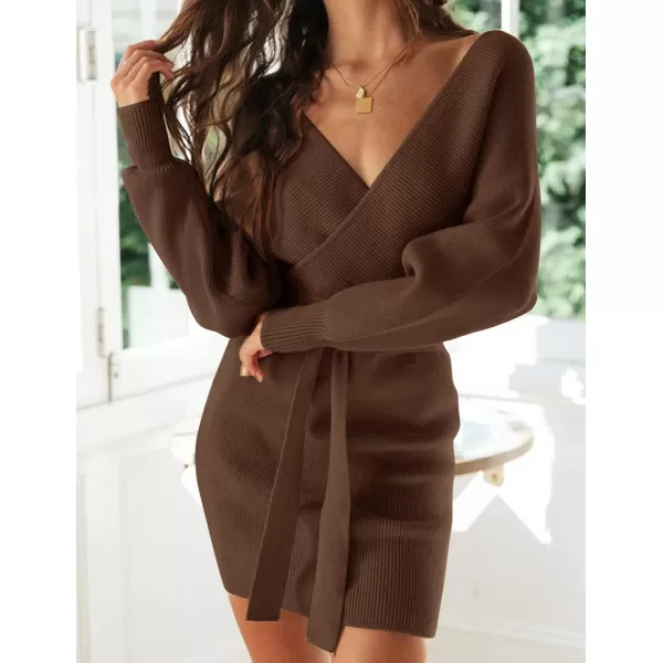 ZESICA Womens 2024 Fall Long Batwing Sleeve Wrap V Neck Knitted Backless Bodycon Pullover Sweater Dress with BeltBrown