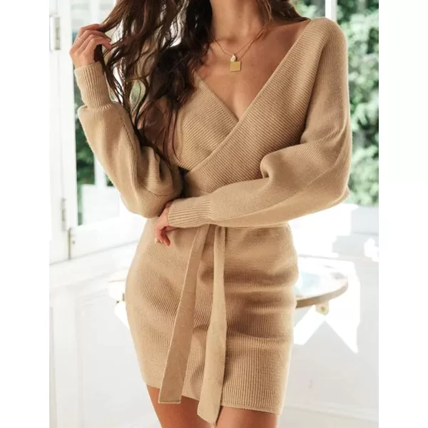 ZESICA Womens 2024 Fall Long Batwing Sleeve Wrap V Neck Knitted Backless Bodycon Pullover Sweater Dress with BeltCamel