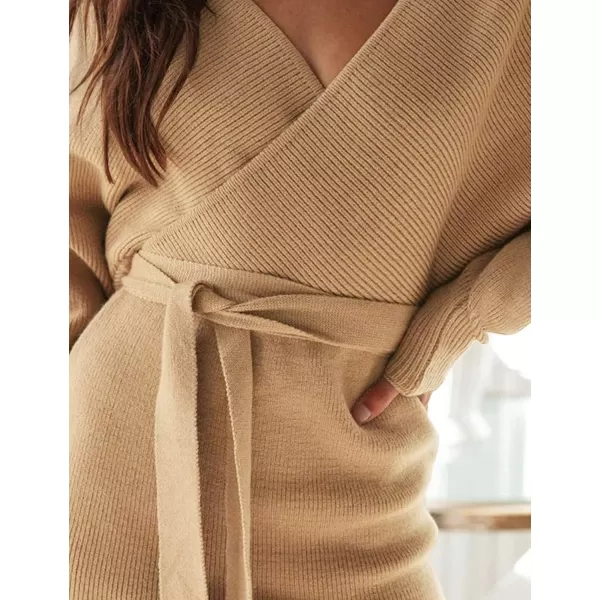 ZESICA Womens 2024 Fall Long Batwing Sleeve Wrap V Neck Knitted Backless Bodycon Pullover Sweater Dress with BeltCamel