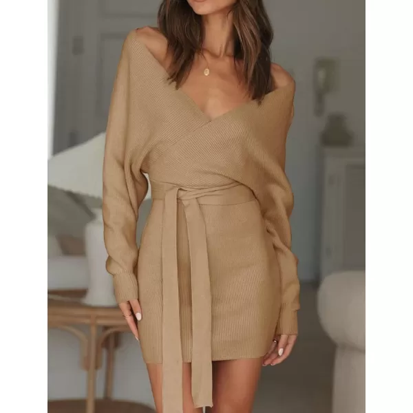 ZESICA Womens 2024 Fall Long Batwing Sleeve Wrap V Neck Knitted Backless Bodycon Pullover Sweater Dress with BeltCamel