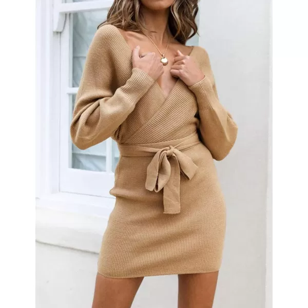 ZESICA Womens 2024 Fall Long Batwing Sleeve Wrap V Neck Knitted Backless Bodycon Pullover Sweater Dress with BeltCamel