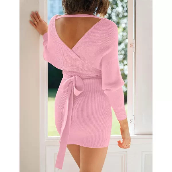 ZESICA Womens 2024 Fall Long Batwing Sleeve Wrap V Neck Knitted Backless Bodycon Pullover Sweater Dress with BeltCandypink