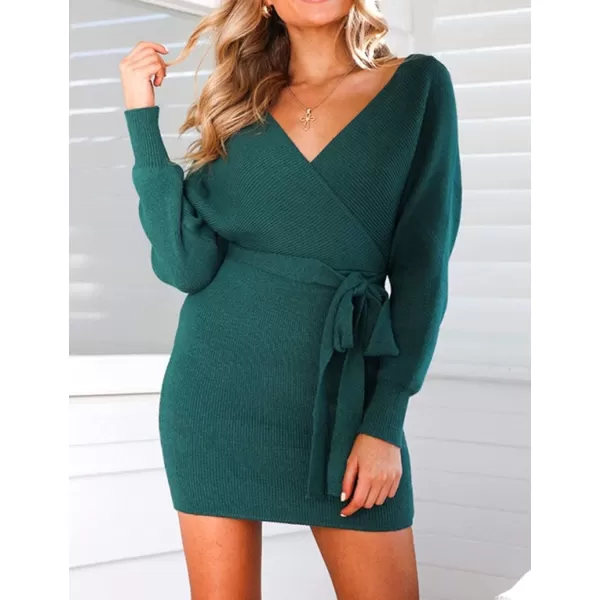 ZESICA Womens 2024 Fall Long Batwing Sleeve Wrap V Neck Knitted Backless Bodycon Pullover Sweater Dress with BeltGreen