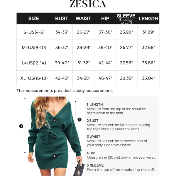 ZESICA Womens 2024 Fall Long Batwing Sleeve Wrap V Neck Knitted Backless Bodycon Pullover Sweater Dress with BeltGreen