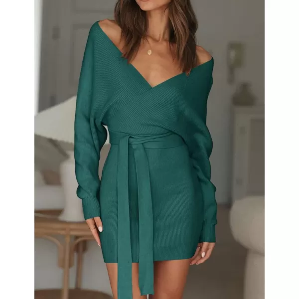 ZESICA Womens 2024 Fall Long Batwing Sleeve Wrap V Neck Knitted Backless Bodycon Pullover Sweater Dress with BeltGreen
