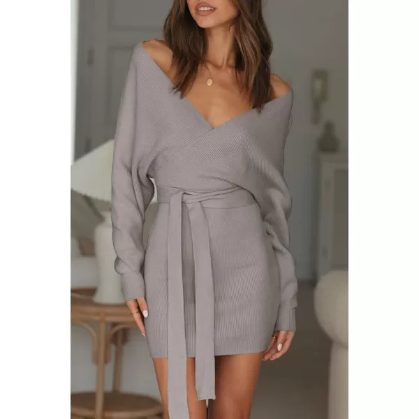 ZESICA Womens 2024 Fall Long Batwing Sleeve Wrap V Neck Knitted Backless Bodycon Pullover Sweater Dress with BeltGrey