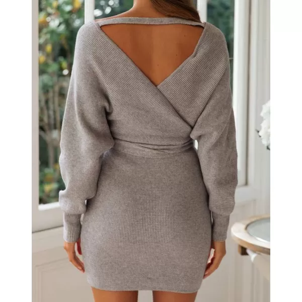ZESICA Womens 2024 Fall Long Batwing Sleeve Wrap V Neck Knitted Backless Bodycon Pullover Sweater Dress with BeltGrey