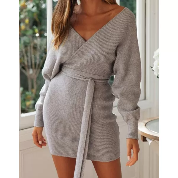 ZESICA Womens 2024 Fall Long Batwing Sleeve Wrap V Neck Knitted Backless Bodycon Pullover Sweater Dress with BeltGrey