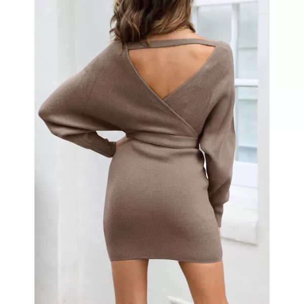 ZESICA Womens 2024 Fall Long Batwing Sleeve Wrap V Neck Knitted Backless Bodycon Pullover Sweater Dress with BeltGreykhaki