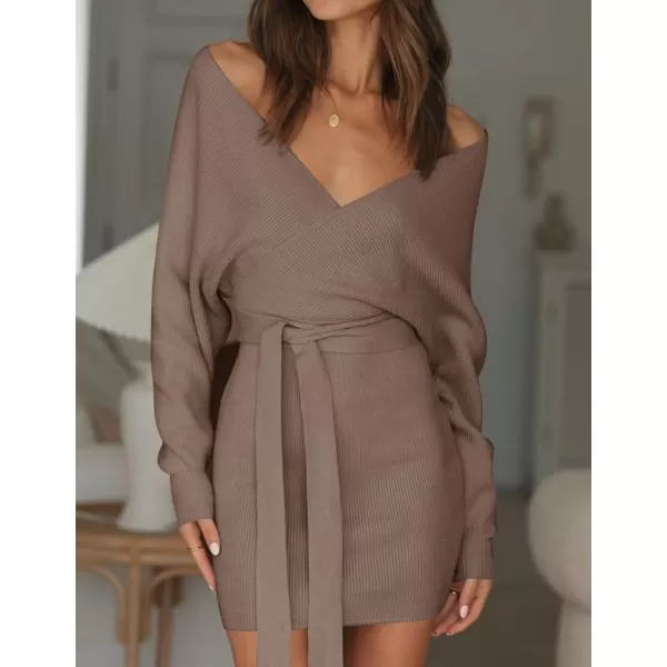 ZESICA Womens 2024 Fall Long Batwing Sleeve Wrap V Neck Knitted Backless Bodycon Pullover Sweater Dress with BeltGreykhaki