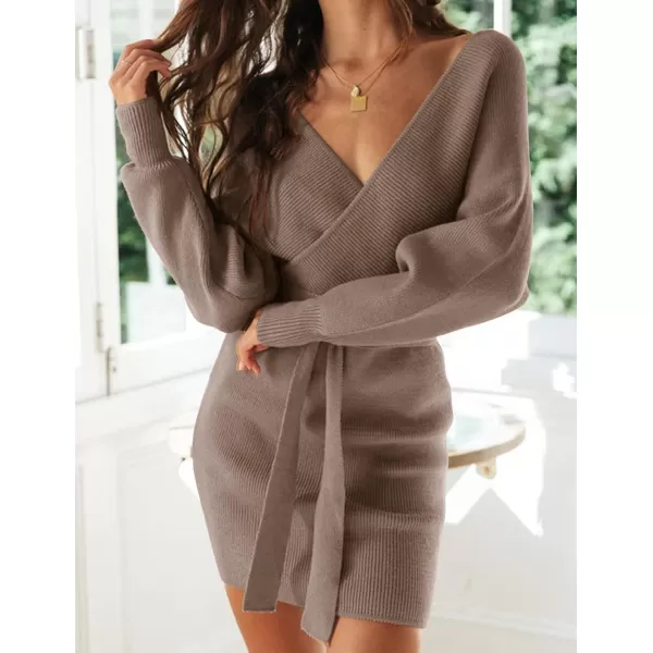 ZESICA Womens 2024 Fall Long Batwing Sleeve Wrap V Neck Knitted Backless Bodycon Pullover Sweater Dress with BeltGreykhaki