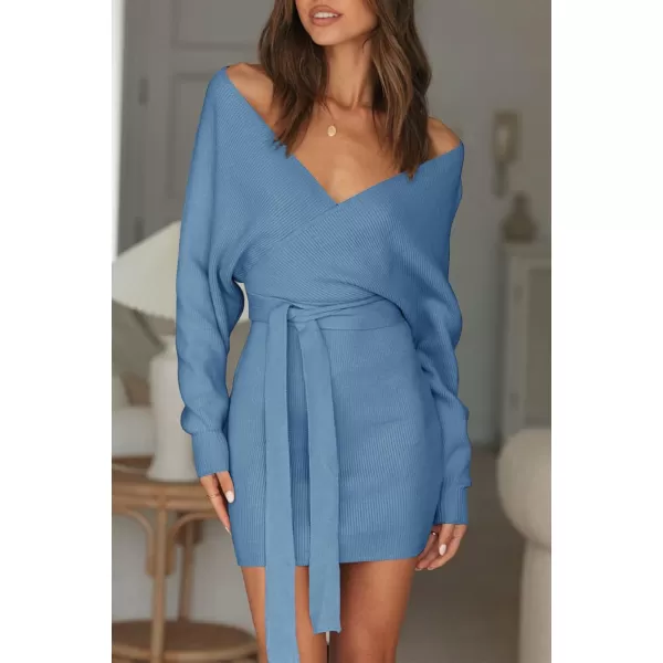 ZESICA Womens 2024 Fall Long Batwing Sleeve Wrap V Neck Knitted Backless Bodycon Pullover Sweater Dress with BeltMidnightblue