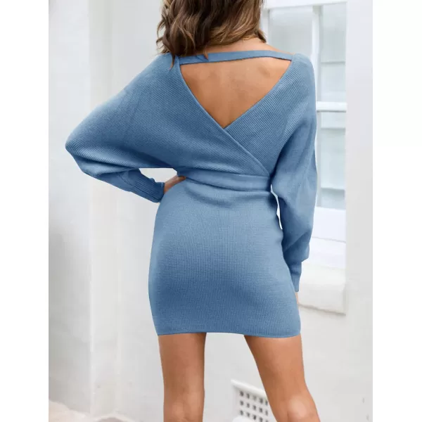 ZESICA Womens 2024 Fall Long Batwing Sleeve Wrap V Neck Knitted Backless Bodycon Pullover Sweater Dress with BeltMidnightblue