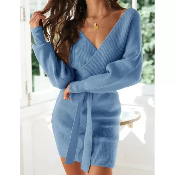ZESICA Womens 2024 Fall Long Batwing Sleeve Wrap V Neck Knitted Backless Bodycon Pullover Sweater Dress with BeltMidnightblue