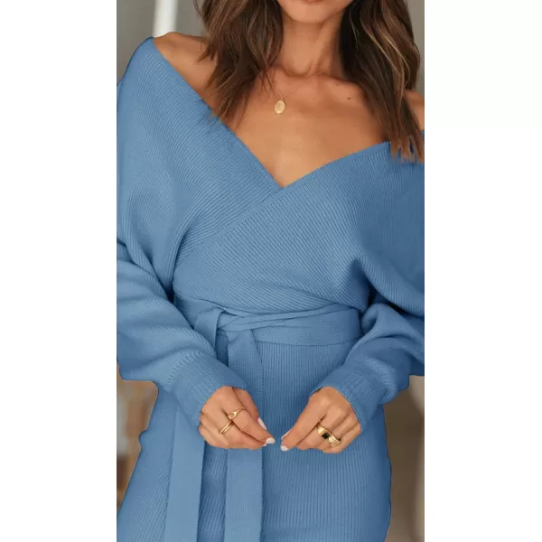 ZESICA Womens 2024 Fall Long Batwing Sleeve Wrap V Neck Knitted Backless Bodycon Pullover Sweater Dress with BeltMidnightblue