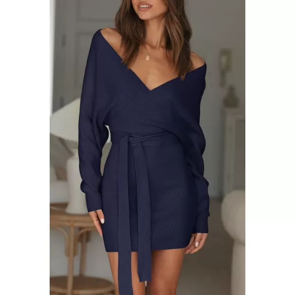 ZESICA Womens 2024 Fall Long Batwing Sleeve Wrap V Neck Knitted Backless Bodycon Pullover Sweater Dress with BeltNavy