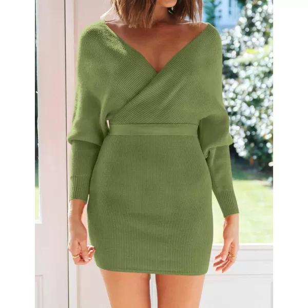 ZESICA Womens 2024 Fall Long Batwing Sleeve Wrap V Neck Knitted Backless Bodycon Pullover Sweater Dress with BeltOlive