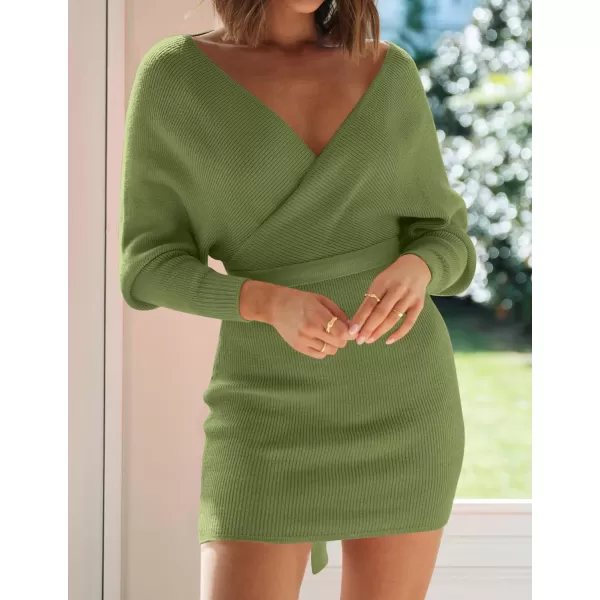 ZESICA Womens 2024 Fall Long Batwing Sleeve Wrap V Neck Knitted Backless Bodycon Pullover Sweater Dress with BeltOlive