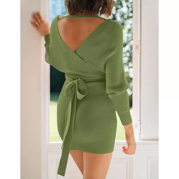ZESICA Womens 2024 Fall Long Batwing Sleeve Wrap V Neck Knitted Backless Bodycon Pullover Sweater Dress with BeltOlive