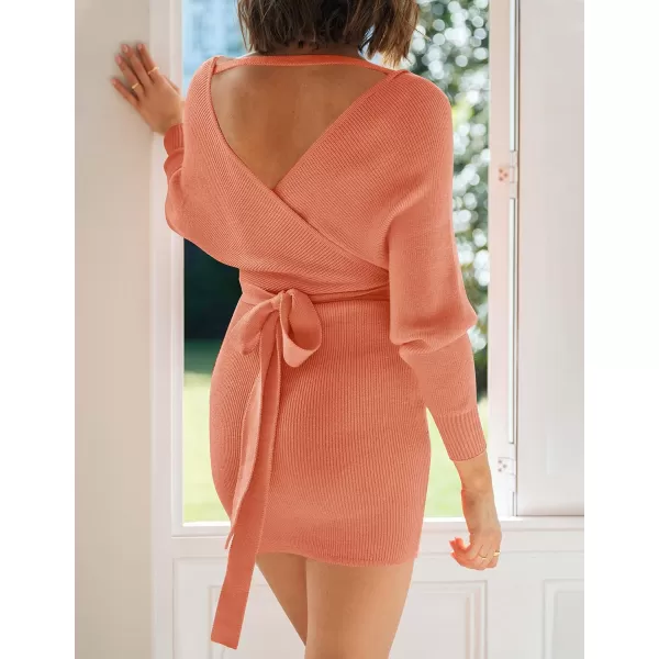 ZESICA Womens 2024 Fall Long Batwing Sleeve Wrap V Neck Knitted Backless Bodycon Pullover Sweater Dress with BeltPeach