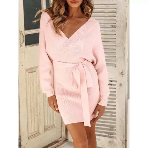 ZESICA Womens 2024 Fall Long Batwing Sleeve Wrap V Neck Knitted Backless Bodycon Pullover Sweater Dress with BeltPink