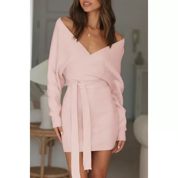 ZESICA Womens 2024 Fall Long Batwing Sleeve Wrap V Neck Knitted Backless Bodycon Pullover Sweater Dress with BeltPink