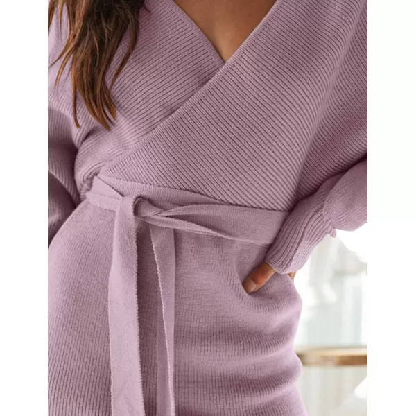 ZESICA Womens 2024 Fall Long Batwing Sleeve Wrap V Neck Knitted Backless Bodycon Pullover Sweater Dress with BeltPurple