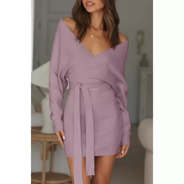 ZESICA Womens 2024 Fall Long Batwing Sleeve Wrap V Neck Knitted Backless Bodycon Pullover Sweater Dress with BeltPurple