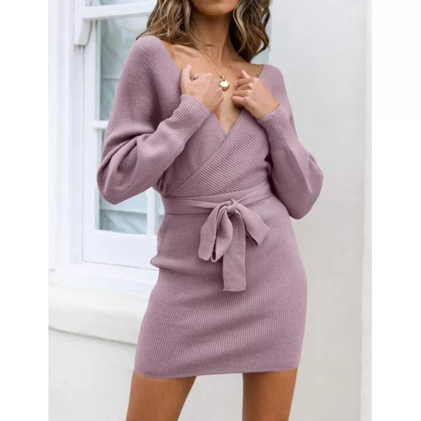 ZESICA Womens 2024 Fall Long Batwing Sleeve Wrap V Neck Knitted Backless Bodycon Pullover Sweater Dress with BeltPurple