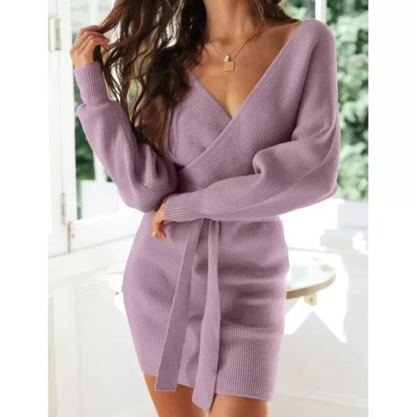 ZESICA Womens 2024 Fall Long Batwing Sleeve Wrap V Neck Knitted Backless Bodycon Pullover Sweater Dress with BeltPurple