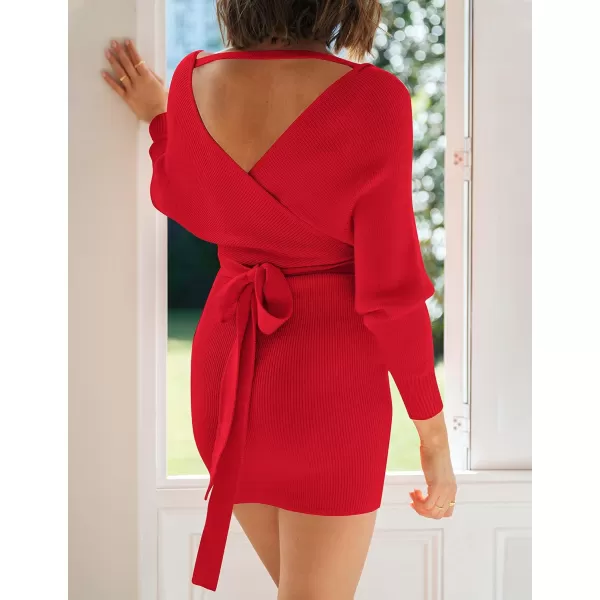 ZESICA Womens 2024 Fall Long Batwing Sleeve Wrap V Neck Knitted Backless Bodycon Pullover Sweater Dress with BeltRed