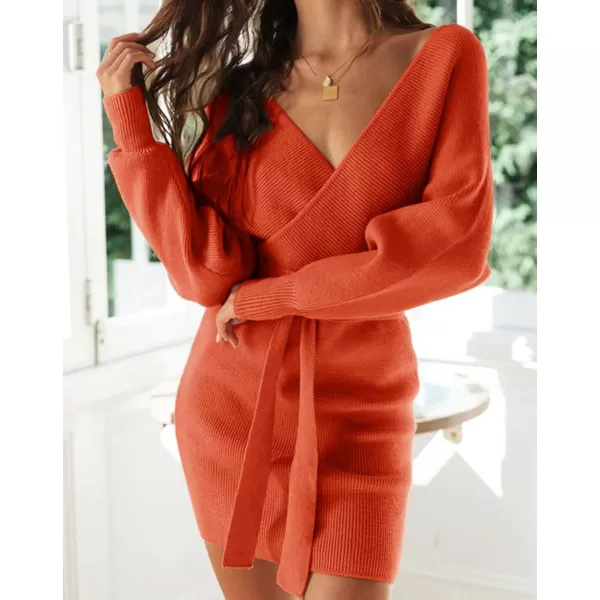 ZESICA Womens 2024 Fall Long Batwing Sleeve Wrap V Neck Knitted Backless Bodycon Pullover Sweater Dress with BeltRustred