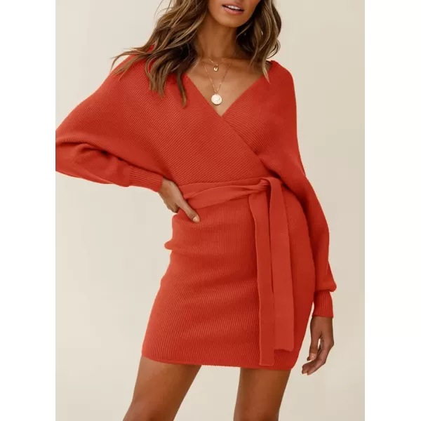 ZESICA Womens 2024 Fall Long Batwing Sleeve Wrap V Neck Knitted Backless Bodycon Pullover Sweater Dress with BeltRustred