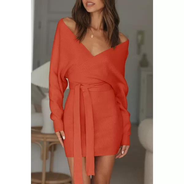 ZESICA Womens 2024 Fall Long Batwing Sleeve Wrap V Neck Knitted Backless Bodycon Pullover Sweater Dress with BeltRustred