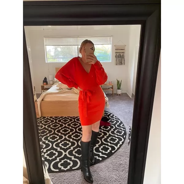 ZESICA Womens 2024 Fall Long Batwing Sleeve Wrap V Neck Knitted Backless Bodycon Pullover Sweater Dress with BeltRustred
