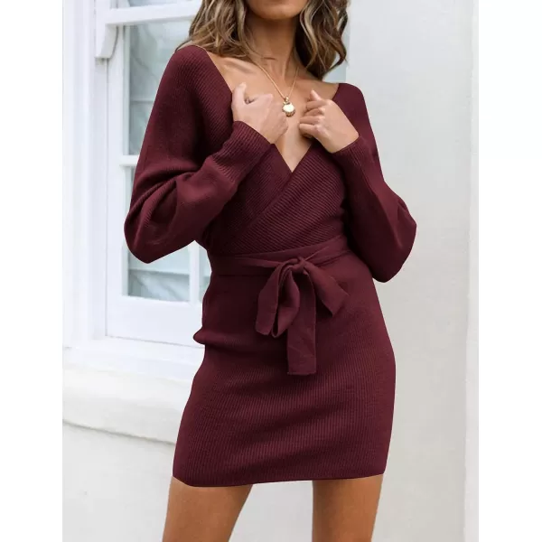 ZESICA Womens 2024 Fall Long Batwing Sleeve Wrap V Neck Knitted Backless Bodycon Pullover Sweater Dress with BeltWine
