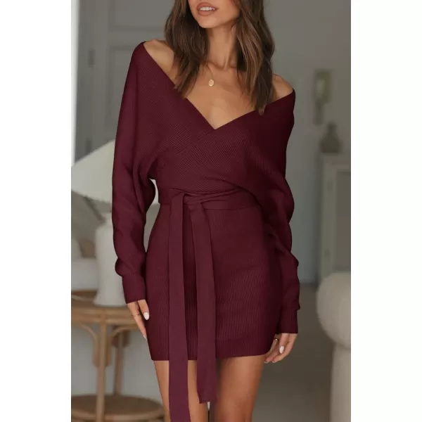 ZESICA Womens 2024 Fall Long Batwing Sleeve Wrap V Neck Knitted Backless Bodycon Pullover Sweater Dress with BeltWine