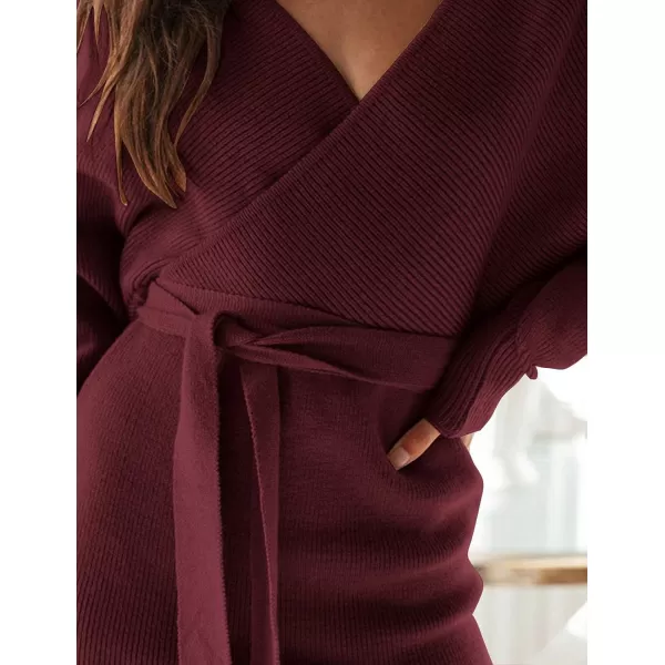 ZESICA Womens 2024 Fall Long Batwing Sleeve Wrap V Neck Knitted Backless Bodycon Pullover Sweater Dress with BeltWine