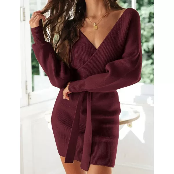 ZESICA Womens 2024 Fall Long Batwing Sleeve Wrap V Neck Knitted Backless Bodycon Pullover Sweater Dress with BeltWine