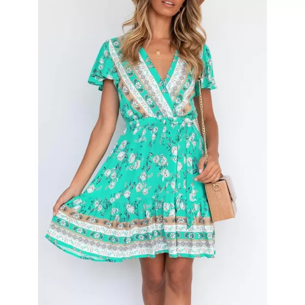 ZESICA Womens 2024 Summer Wrap V Neck Bohemian Floral Print Ruffle Swing A Line Beach Mini DressAqua
