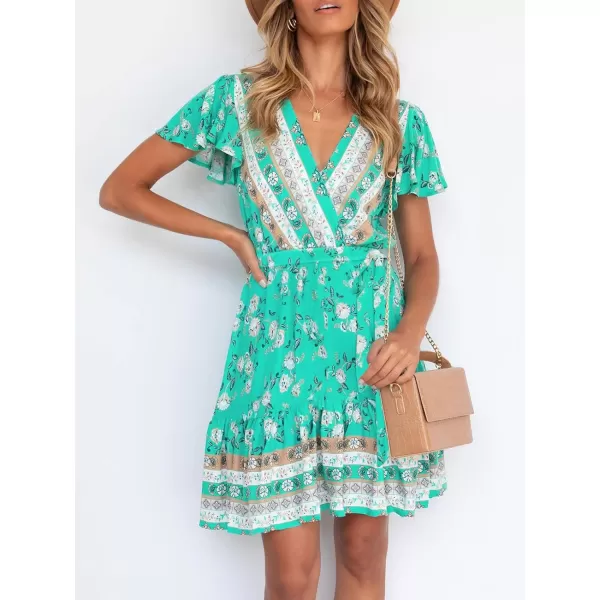 ZESICA Womens 2024 Summer Wrap V Neck Bohemian Floral Print Ruffle Swing A Line Beach Mini DressAqua