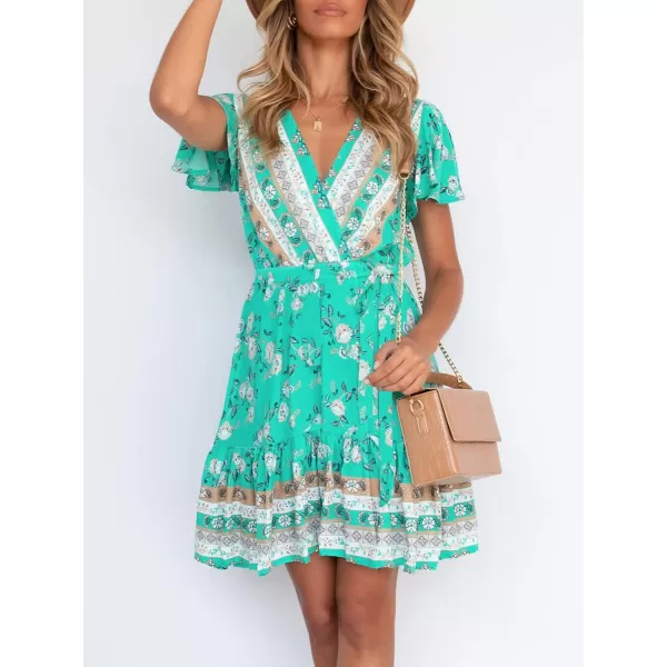 ZESICA Womens 2024 Summer Wrap V Neck Bohemian Floral Print Ruffle Swing A Line Beach Mini DressAqua
