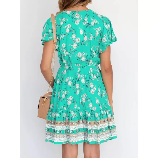 ZESICA Womens 2024 Summer Wrap V Neck Bohemian Floral Print Ruffle Swing A Line Beach Mini DressAqua