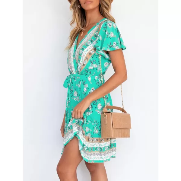 ZESICA Womens 2024 Summer Wrap V Neck Bohemian Floral Print Ruffle Swing A Line Beach Mini DressAqua
