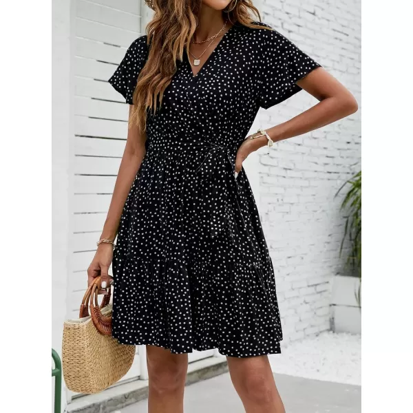 ZESICA Womens 2024 Summer Wrap V Neck Bohemian Floral Print Ruffle Swing A Line Beach Mini DressBlack