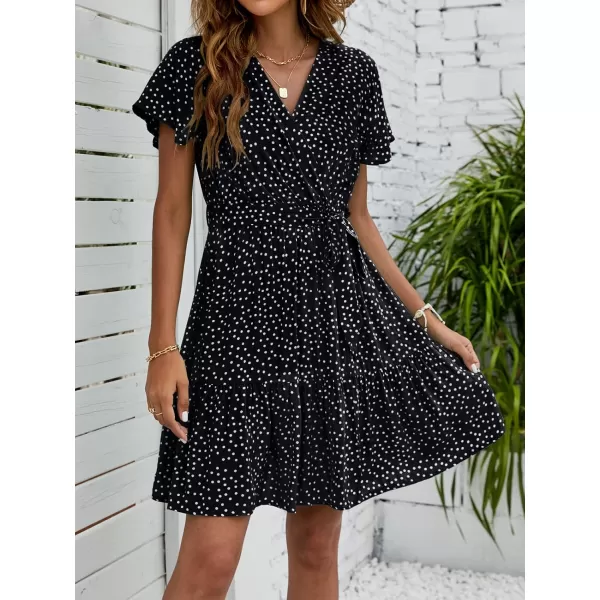 ZESICA Womens 2024 Summer Wrap V Neck Bohemian Floral Print Ruffle Swing A Line Beach Mini DressBlack