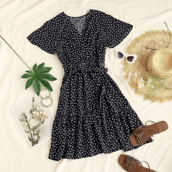 ZESICA Womens 2024 Summer Wrap V Neck Bohemian Floral Print Ruffle Swing A Line Beach Mini DressBlack