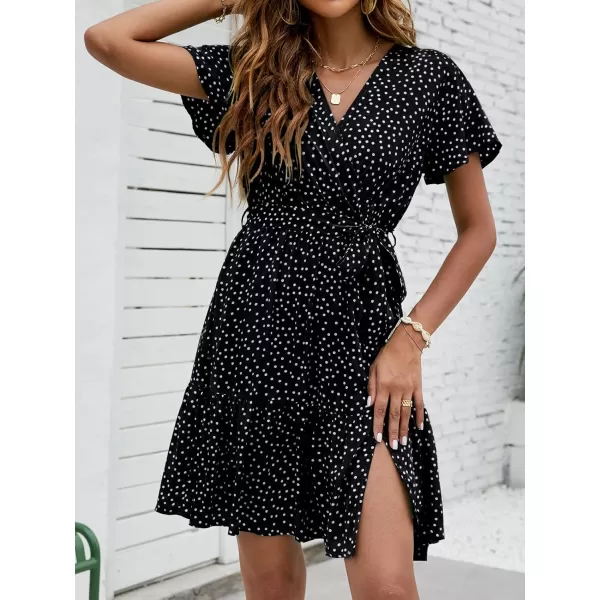 ZESICA Womens 2024 Summer Wrap V Neck Bohemian Floral Print Ruffle Swing A Line Beach Mini DressBlack