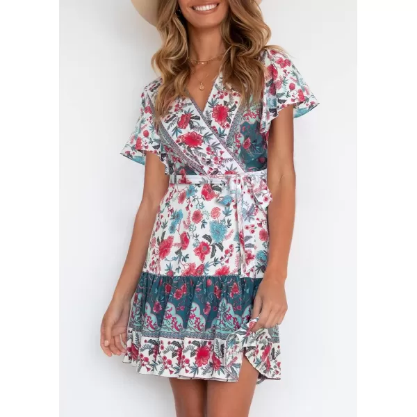 ZESICA Womens 2024 Summer Wrap V Neck Bohemian Floral Print Ruffle Swing A Line Beach Mini DressBlackishgreen